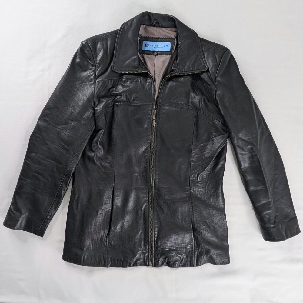 VTG Kenneth Cole Reaction Black Leather Full Zip Collared Leather Jacket Y2k
